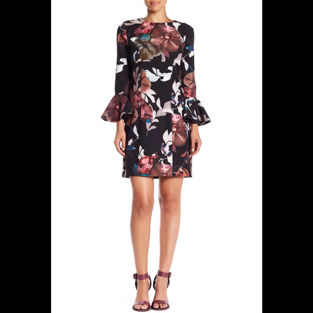 Trina Turk Women's Black Panache 2 Faye Floral Bell Sleeve Dress,size 6